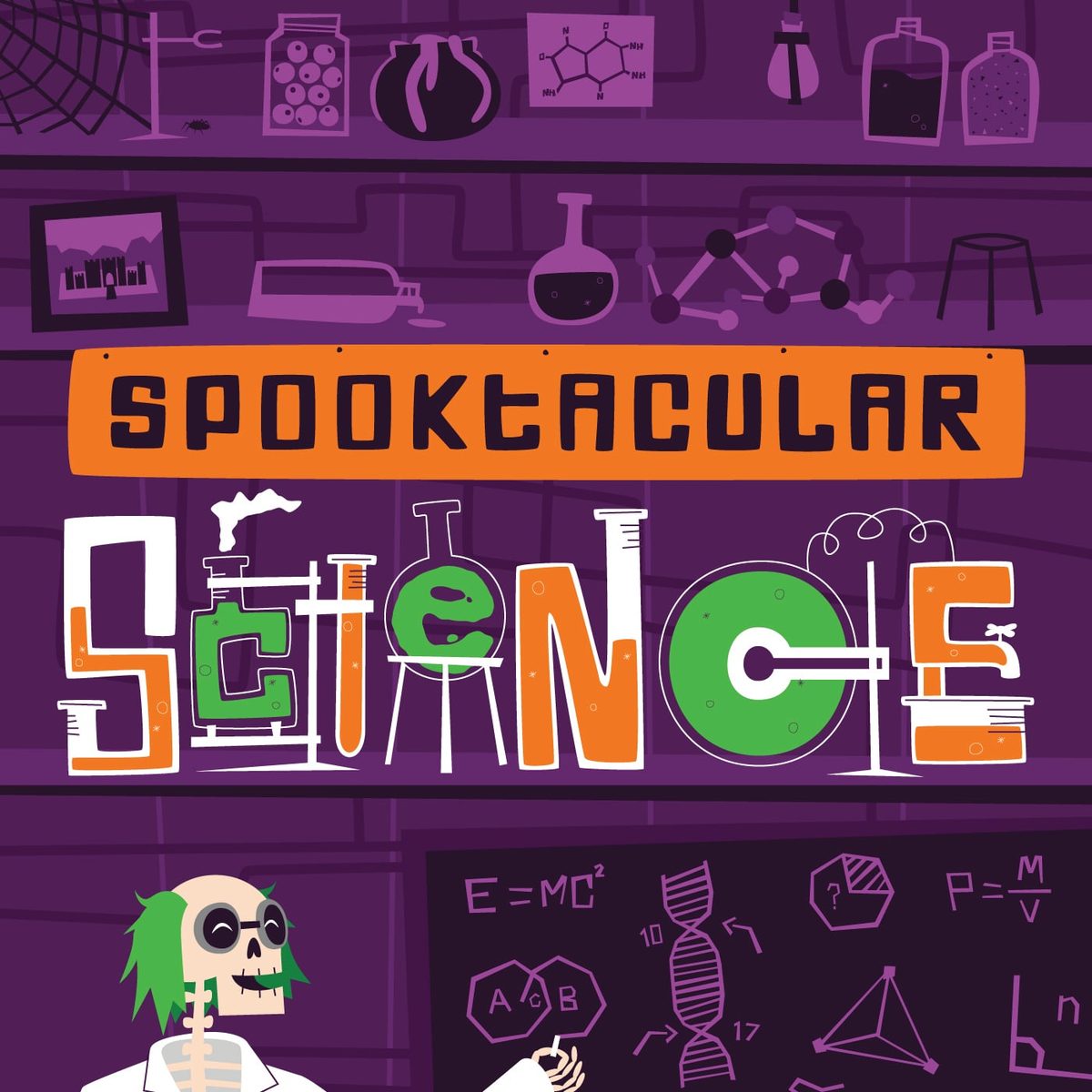 Spooktacular Science artwork: a purple laboratory with potion bottles and a cartoon mad scientist