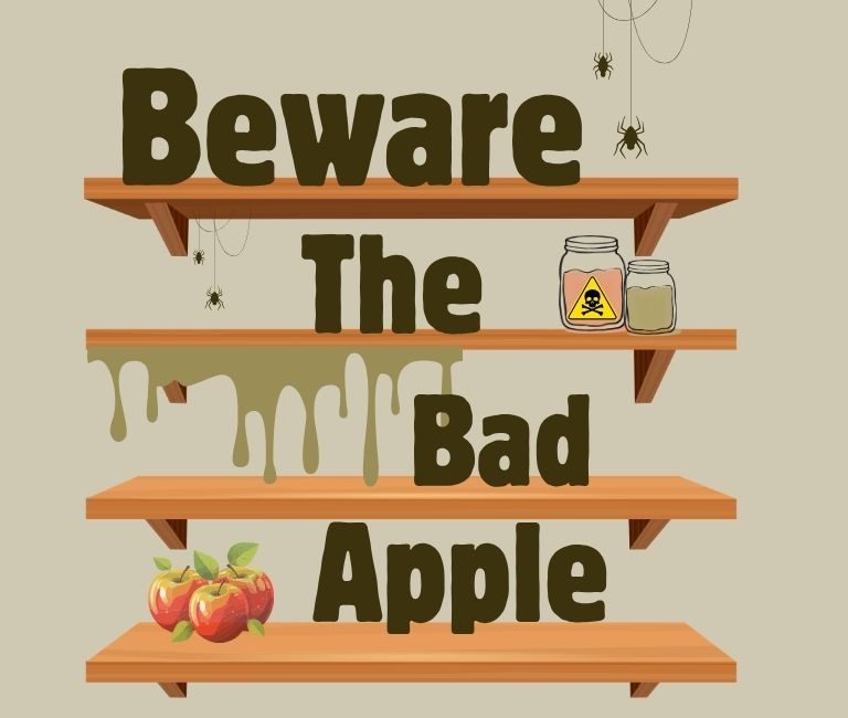 Beware The Bad Apple artwork: the title painted on shelves with potion jars and poisoned apples