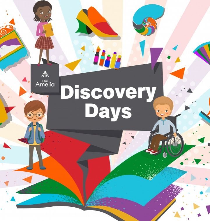 Illustrated Discovery Days poster from The Amelia: children reading and exploring around a big open book